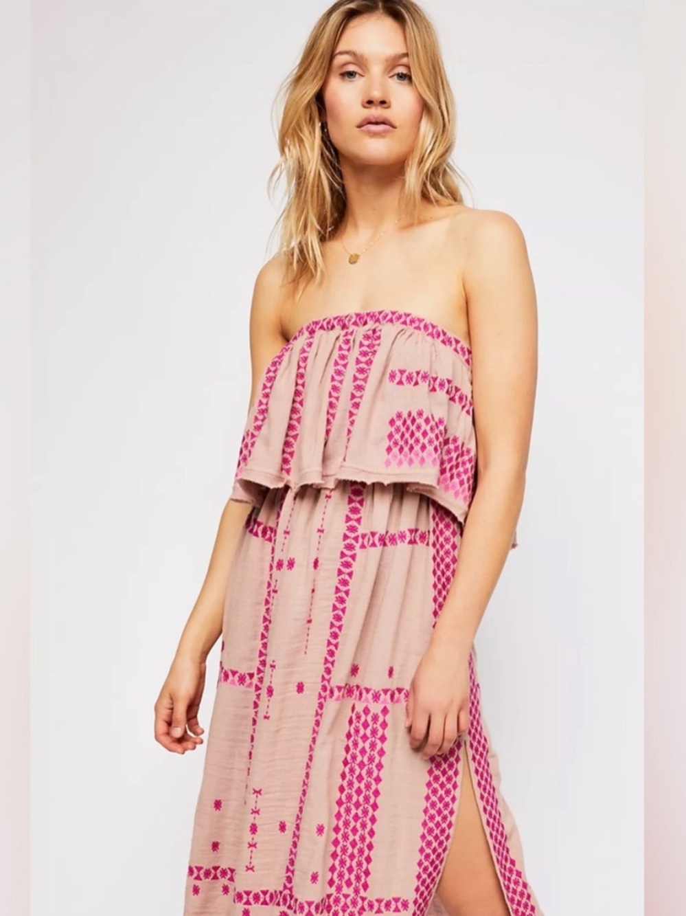 Free People Wild Romance Mauve Embroidered Strapless Midi Dress Medium